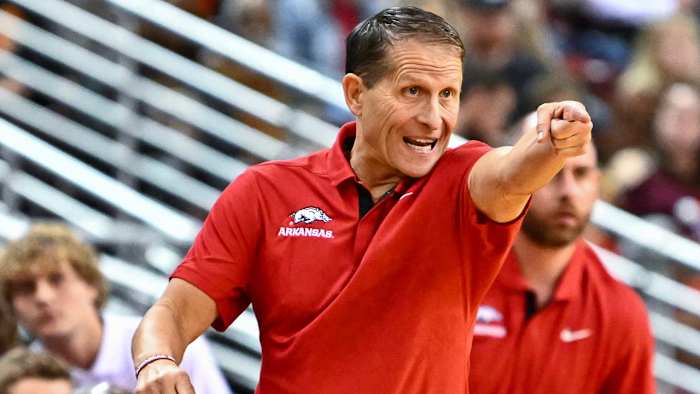 Razorbacks coach Eric Musselman on the sidelines against Lipscomb